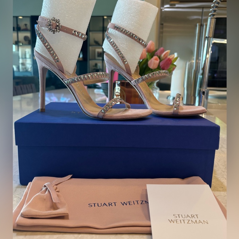 Stuart Weitzman Gemcut 100 Strappy Crystal Sandal in Ballet Pink - Picture 5 of 11